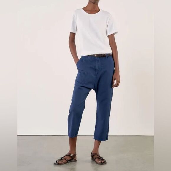 NWT Nili Lotan Luna Cotton & Linen Twill Crop Pants in Marine Blue Size 0 - Picture 1 of 6